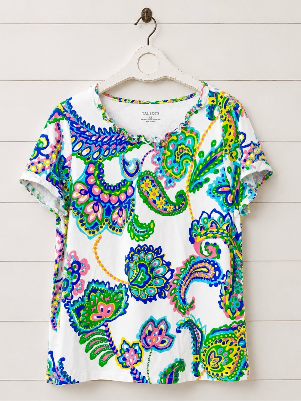 Talbots White Paisley Print Short Sleeve Tee with Multicolor Motif